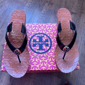 Tory Burch Black Patent Cork Wedge Thong Sandal